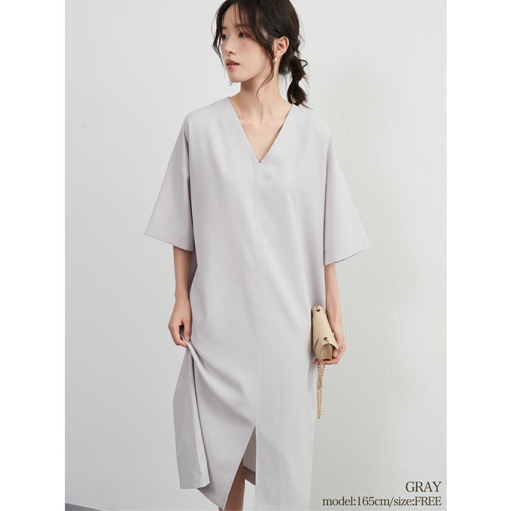 GRAY | シンプルエレガントVネック半袖ワンピースワイドスリーブミニマム裾スリット | On One's Own