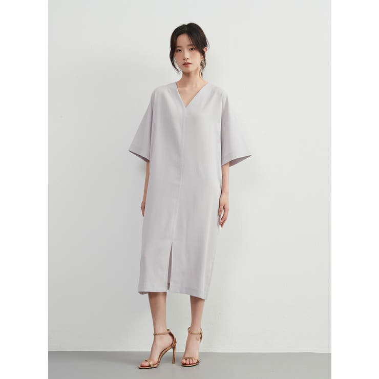 シンプルエレガントVネック半袖ワンピースワイドスリーブミニマム裾スリット | On One's Own | 詳細画像10 