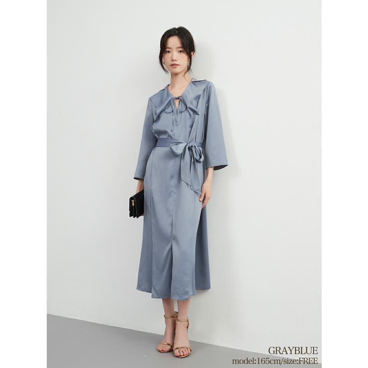 GRAYBLUE | ツヤ感ドレープ素材7分袖ワンピースドレスきれいめウエストマーク | On One's Own