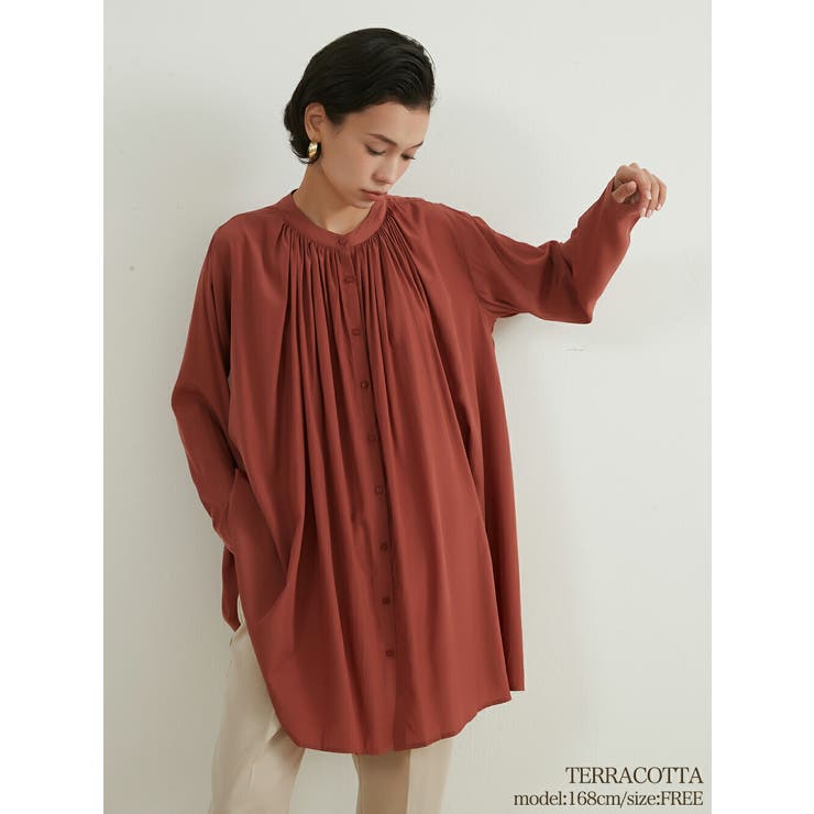 TERRACOTTA | 長袖ロング丈ギャザーたっぷりブラウスシャツ羽織りカーディガンAライン | On One's Own