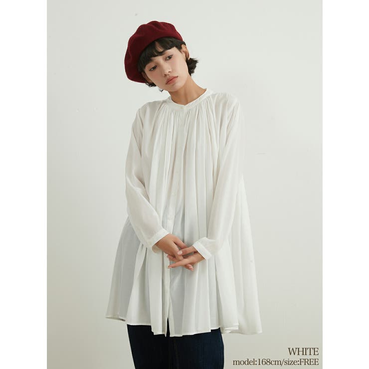 WHITE | 長袖ロング丈ギャザーたっぷりブラウスシャツ羽織りカーディガンAライン | On One's Own
