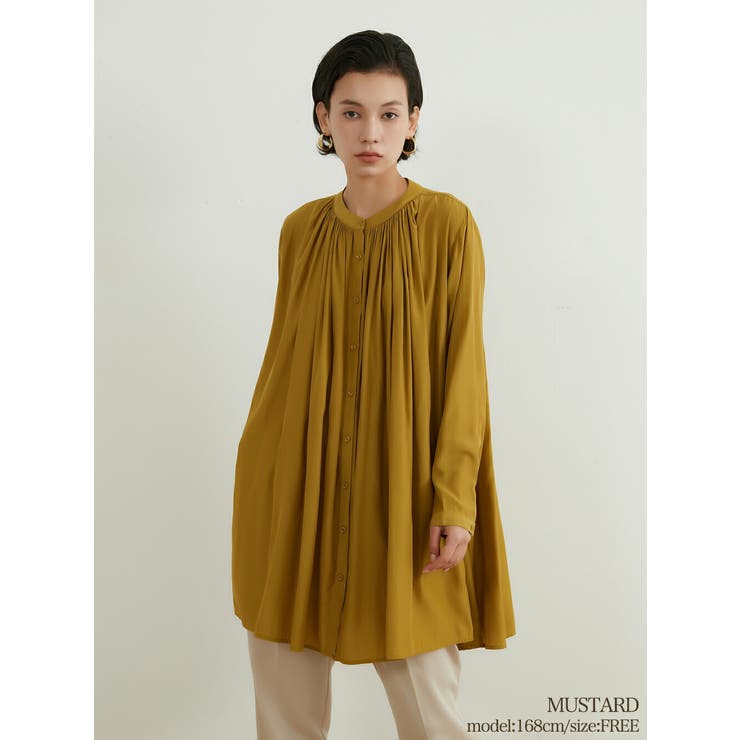 MUSTARD | 長袖ロング丈ギャザーたっぷりブラウスシャツ羽織りカーディガンAライン | On One's Own