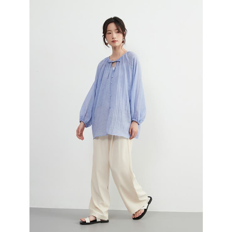 シアー 綿混長袖ギャザーブラウス薄手カーディガン軽羽織りきれい色 | On One's Own | 詳細画像11 