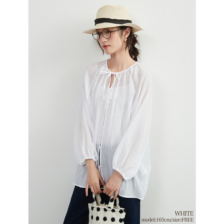 WHITE | シアー 綿混長袖ギャザーブラウス薄手カーディガン軽羽織りきれい色 | On One's Own