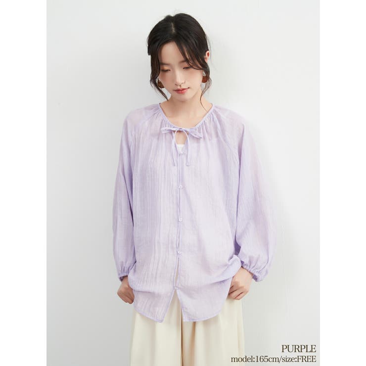 PURPLE | シアー 綿混長袖ギャザーブラウス薄手カーディガン軽羽織りきれい色 | On One's Own