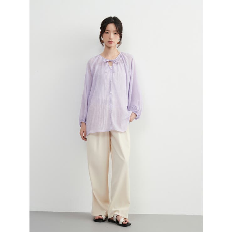 シアー 綿混長袖ギャザーブラウス薄手カーディガン軽羽織りきれい色 | On One's Own | 詳細画像13 