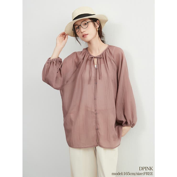 DPINK | シアー 綿混長袖ギャザーブラウス薄手カーディガン軽羽織りきれい色 | On One's Own