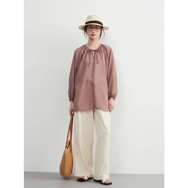 シアー 綿混長袖ギャザーブラウス薄手カーディガン軽羽織りきれい色 | On One's Own | 詳細画像10 