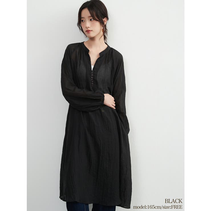 BLACK | 綿混シアー長袖チュニックワンピースレイヤード便利体型カバーナチュラル | On One's Own