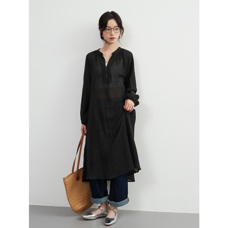 綿混シアー長袖チュニックワンピースレイヤード便利体型カバーナチュラル | On One's Own | 詳細画像11 