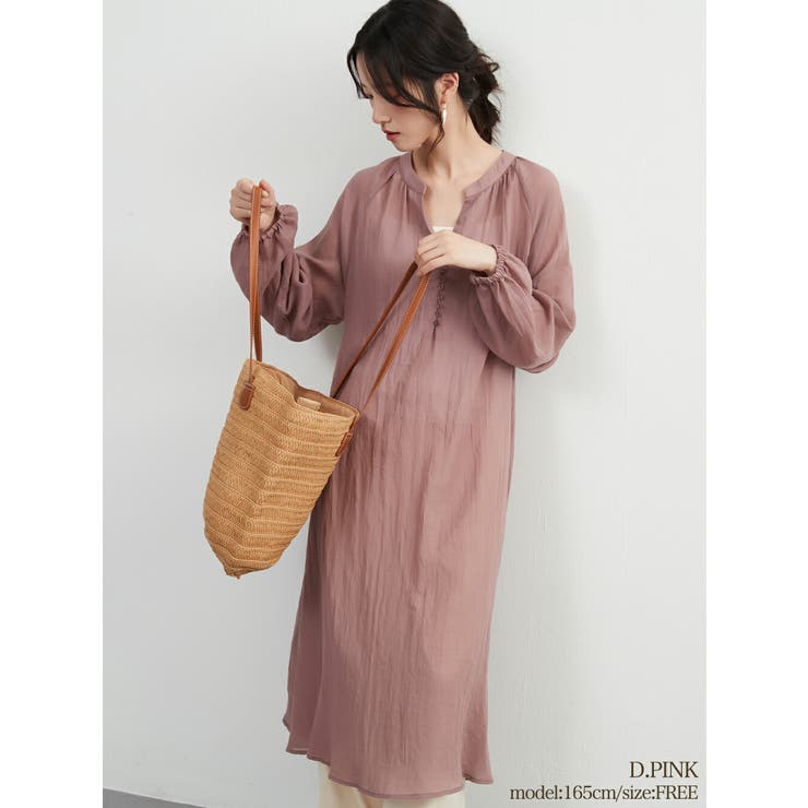 DPINK | 綿混シアー長袖チュニックワンピースレイヤード便利体型カバーナチュラル | On One's Own