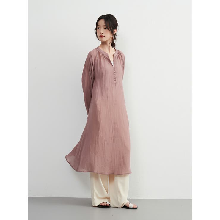 綿混シアー長袖チュニックワンピースレイヤード便利体型カバーナチュラル | On One's Own | 詳細画像12 