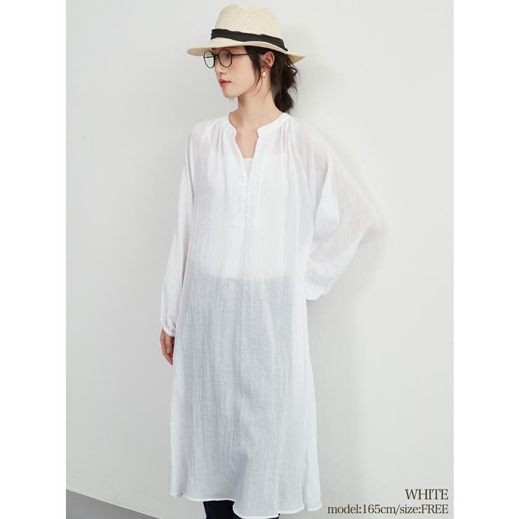 WHITE | 綿混シアー長袖チュニックワンピースレイヤード便利体型カバーナチュラル | On One's Own