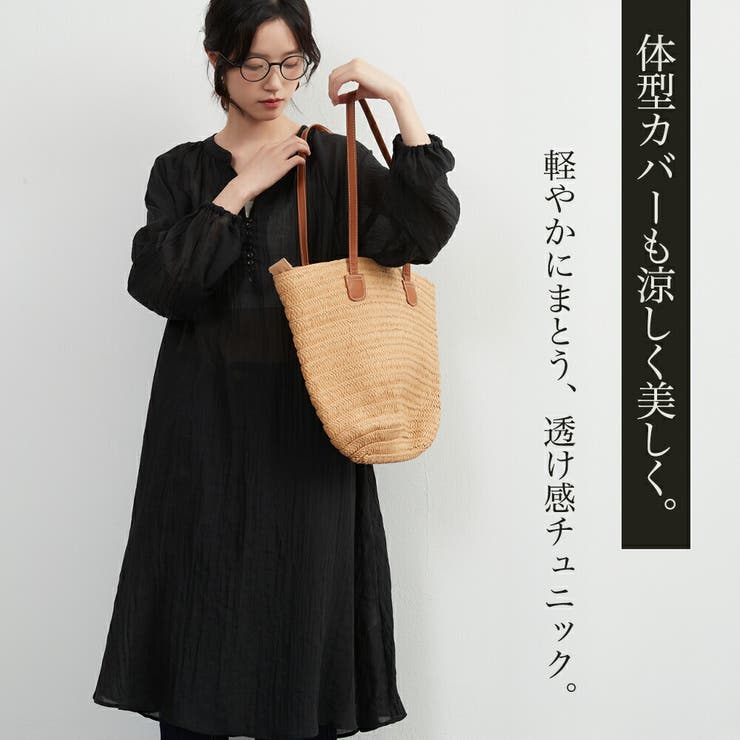 綿混シアー長袖チュニックワンピースレイヤード便利体型カバーナチュラル | On One's Own | 詳細画像2 