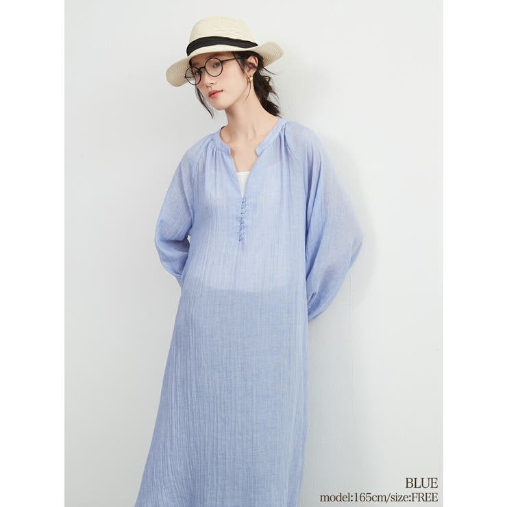 BLUE | 綿混シアー長袖チュニックワンピースレイヤード便利体型カバーナチュラル | On One's Own
