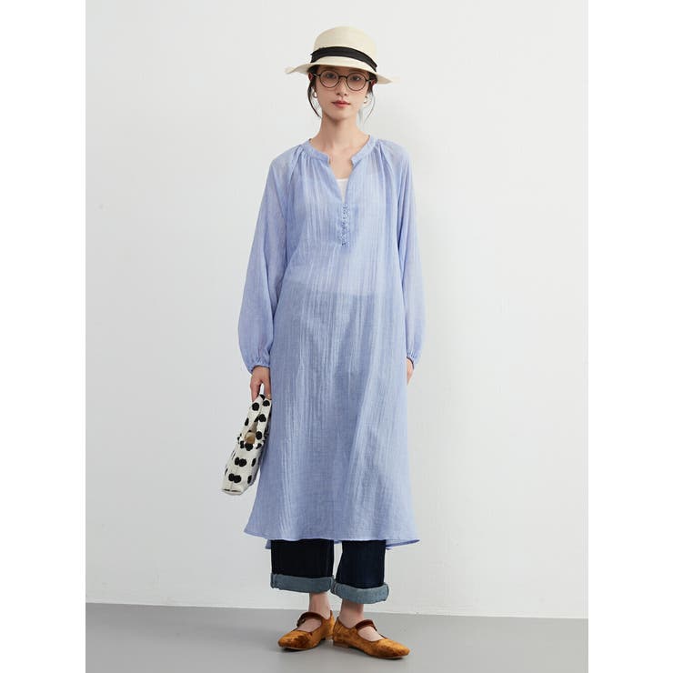 綿混シアー長袖チュニックワンピースレイヤード便利体型カバーナチュラル | On One's Own | 詳細画像10 