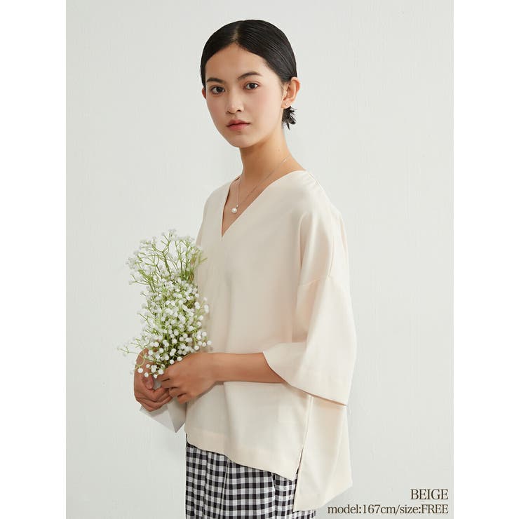 BEIGE | リネンタッチシンプルセンターシーム半袖トップスレディースプルオーバー | On One's Own