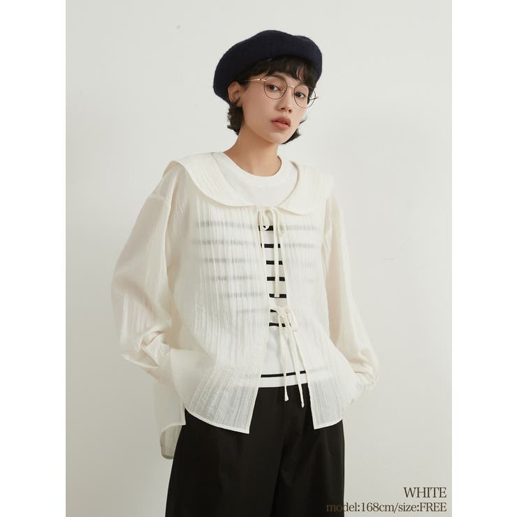 WHITE | セーラーカラーリボン結びシアー薄手長袖カーディガン羽織り冷房対策 | On One's Own
