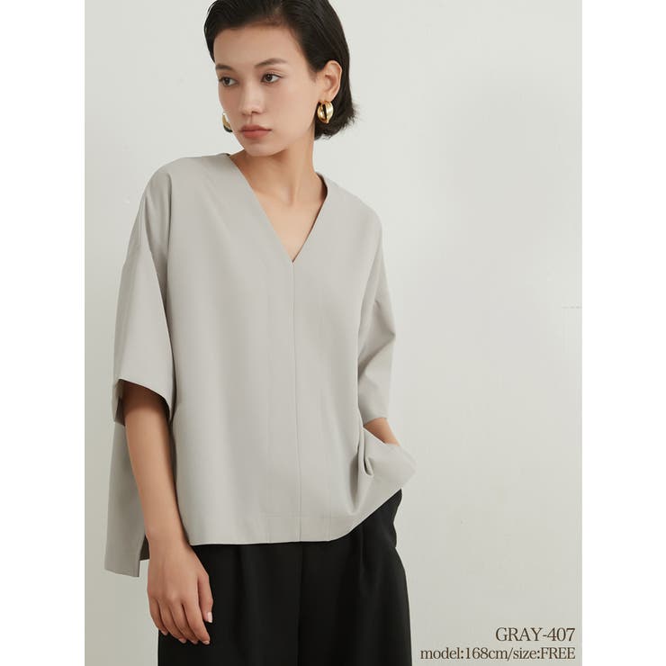 GRAY | ドット半袖Vネットップスレディースシンプルプルオーバー | On One's Own