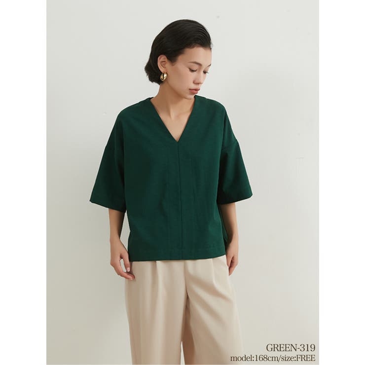 GREEN | ドット半袖Vネットップスレディースシンプルプルオーバー | On One's Own