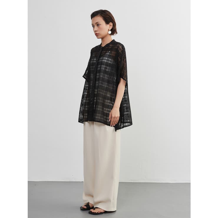 チェックレースシアーブラウス半袖オーバーシャツ異素材ドッキングトップス | On One's Own | 詳細画像11 