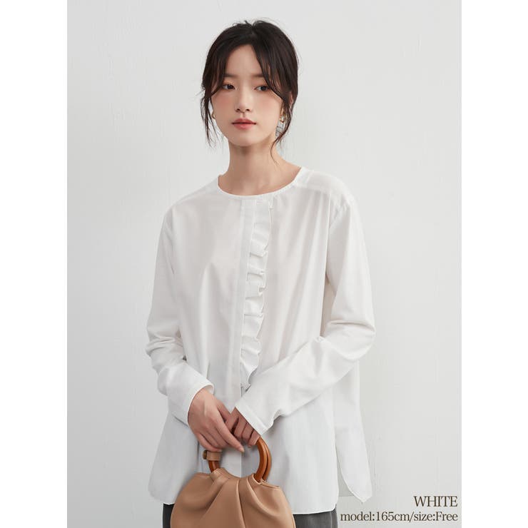 WHITE | フリル前立て異素材ドッキングトップス長袖ブラウスカットソー | On One's Own