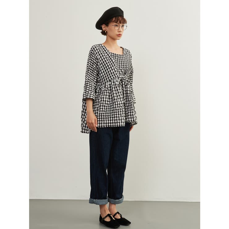 ギンガムチェックプルオーバースクエアネック7分袖トップス | On One's Own | 詳細画像10 