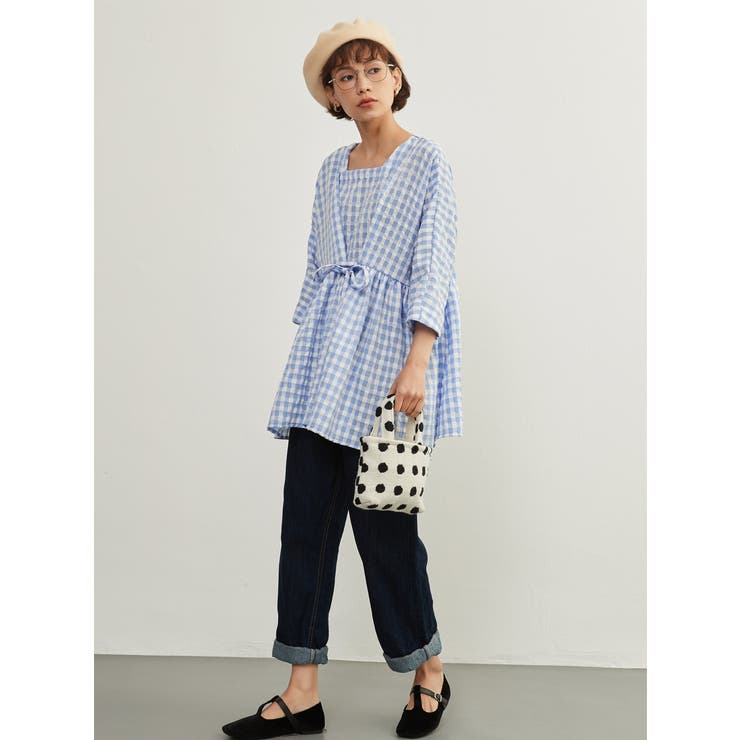 ギンガムチェックプルオーバースクエアネック7分袖トップス | On One's Own | 詳細画像11 