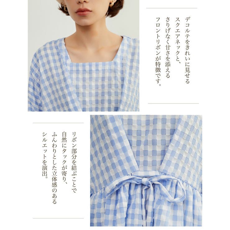 ギンガムチェックプルオーバースクエアネック7分袖トップス | On One's Own | 詳細画像4 