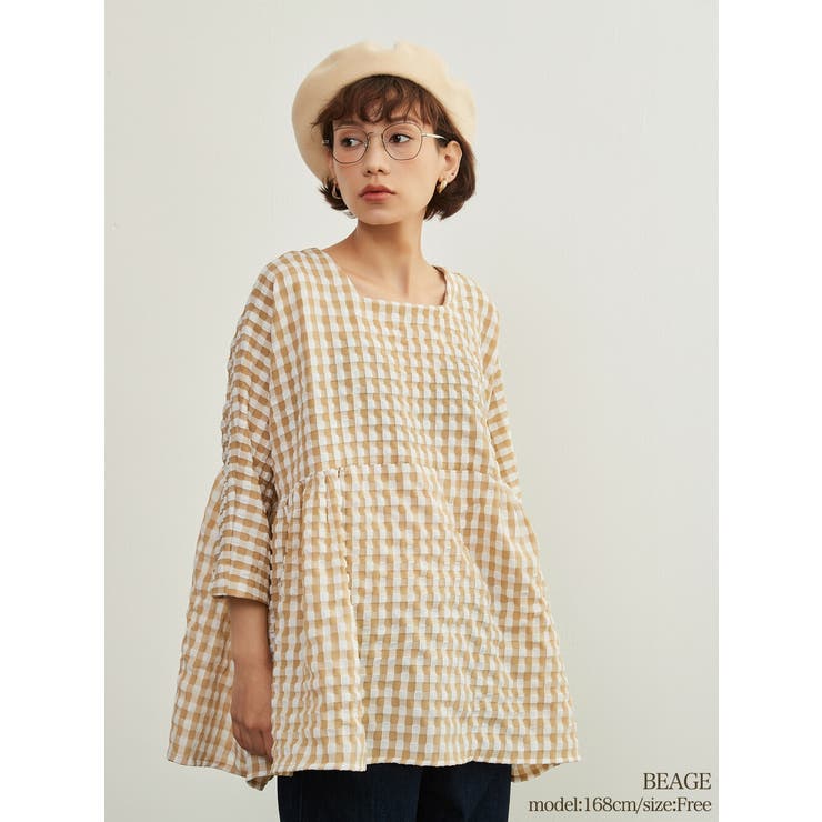 BEIGE | ギンガムチェックプルオーバースクエアネック7分袖トップス | On One's Own