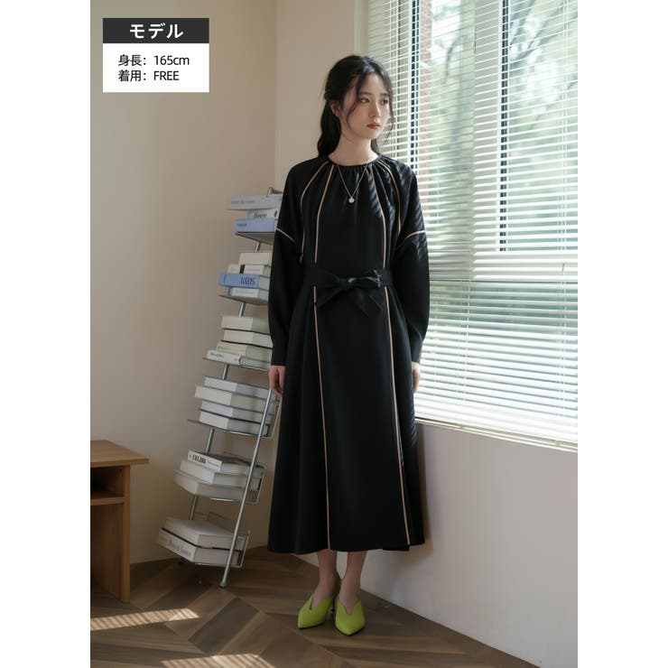 ワンピースパイピングディテール長袖 ギャザーエレガントオケージョン | On One's Own | 詳細画像11 