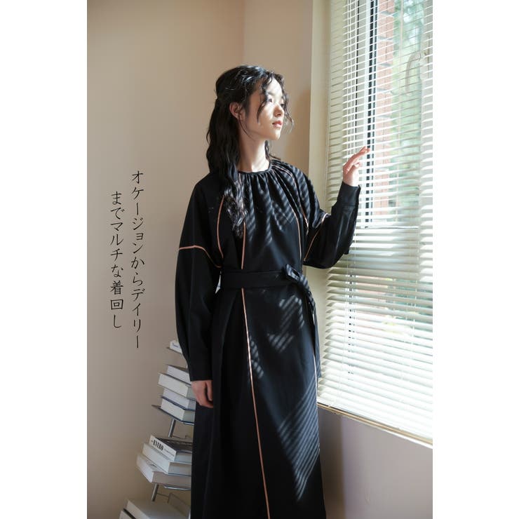 BLACK | ワンピースパイピングディテール長袖 ギャザーエレガントオケージョン | On One's Own