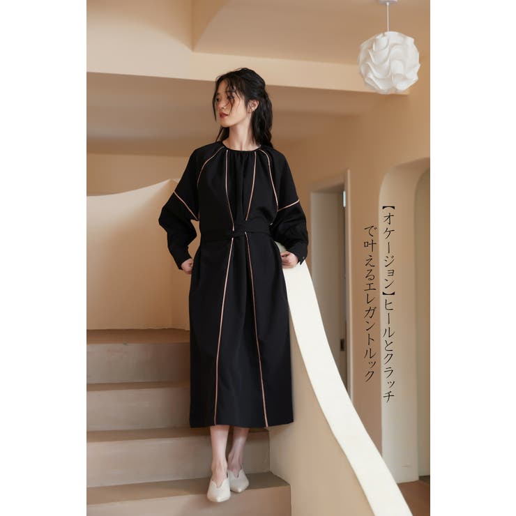 ワンピースパイピングディテール長袖 ギャザーエレガントオケージョン | On One's Own | 詳細画像5 