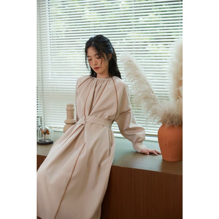 ワンピースパイピングディテール長袖 ギャザーエレガントオケージョン | On One's Own | 詳細画像9 