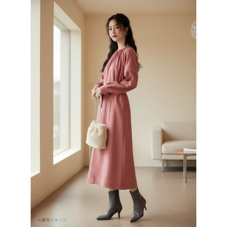 ワンピースパイピングディテール長袖 ギャザーエレガントオケージョン | On One's Own | 詳細画像7 