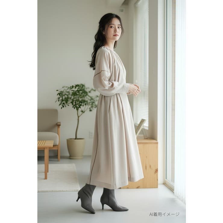 ワンピースパイピングディテール長袖 ギャザーエレガントオケージョン | On One's Own | 詳細画像3 