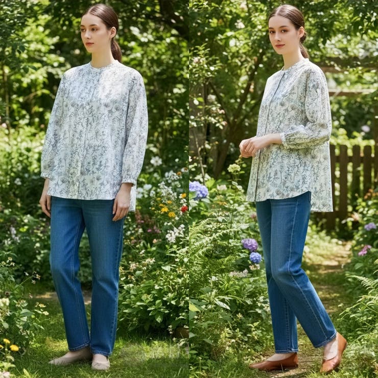 ボタニカルプリント長袖シャツブラウスバンドカラー トップス綿100％ | On One's Own | 詳細画像6 