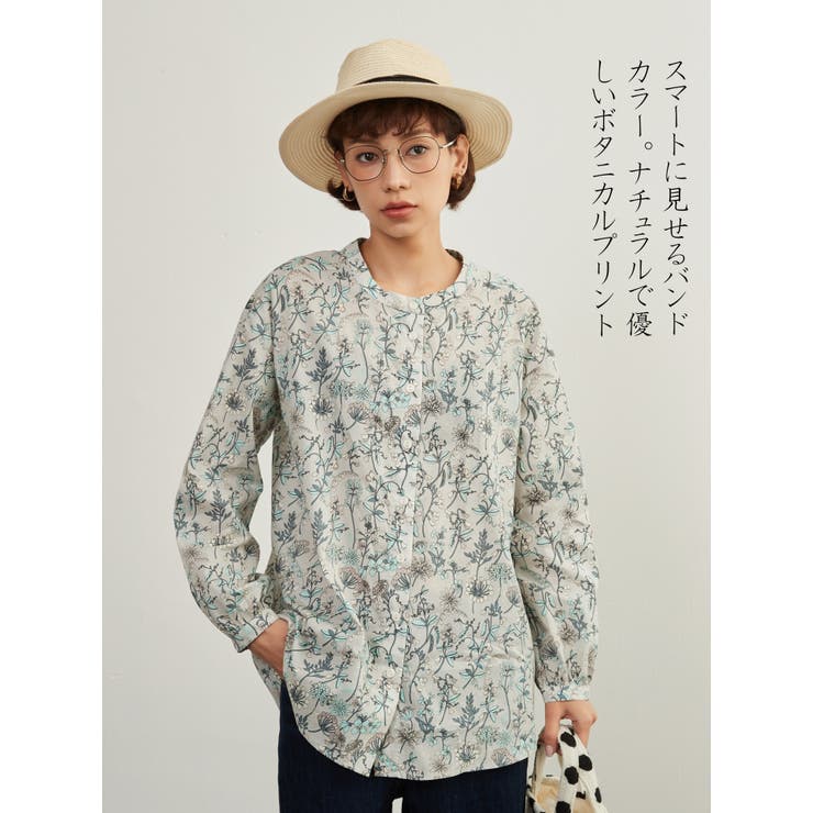 ボタニカルプリント長袖シャツブラウスバンドカラー トップス綿100％ | On One's Own | 詳細画像4 