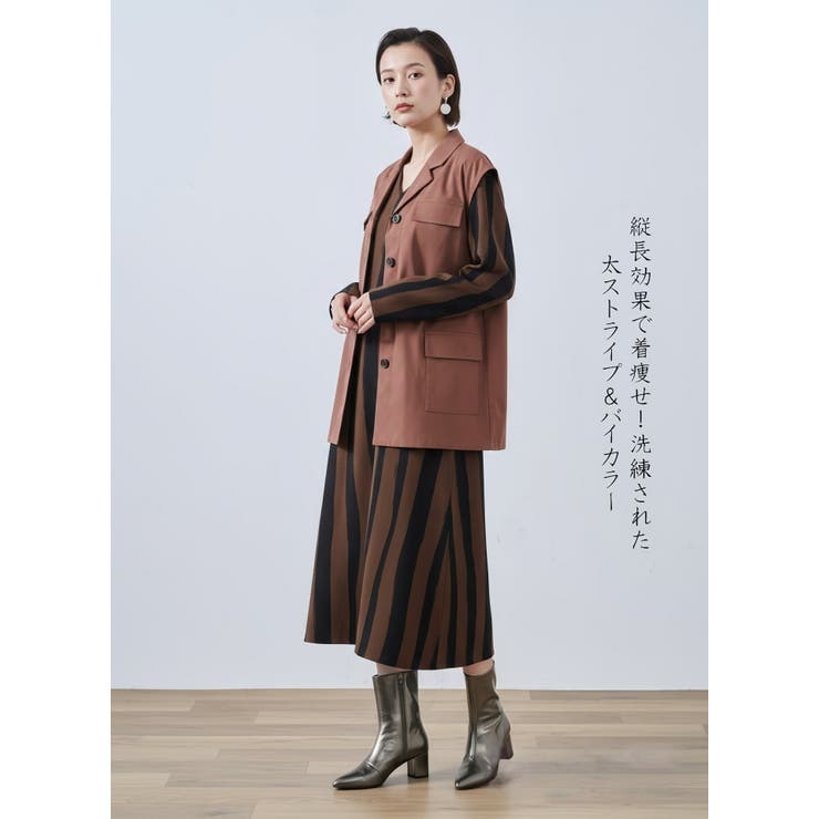 太ストライプバイカラーVネック長袖ワンピースシンプル | On One's Own | 詳細画像11 