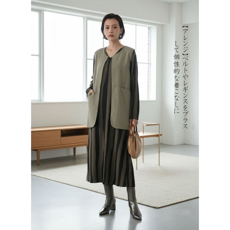 太ストライプバイカラーVネック長袖ワンピースシンプル | On One's Own | 詳細画像12 