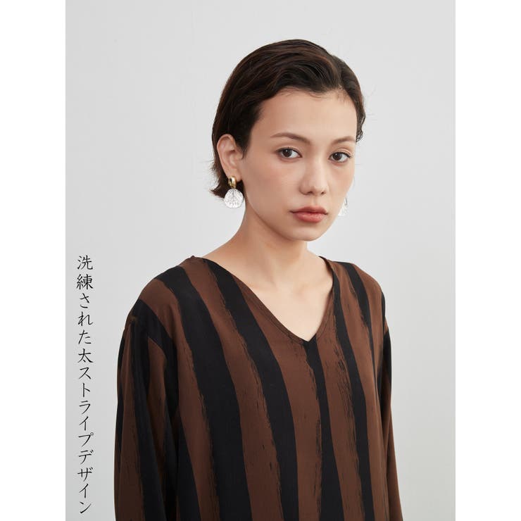 太ストライプバイカラーVネック長袖ワンピースシンプル | On One's Own | 詳細画像9 