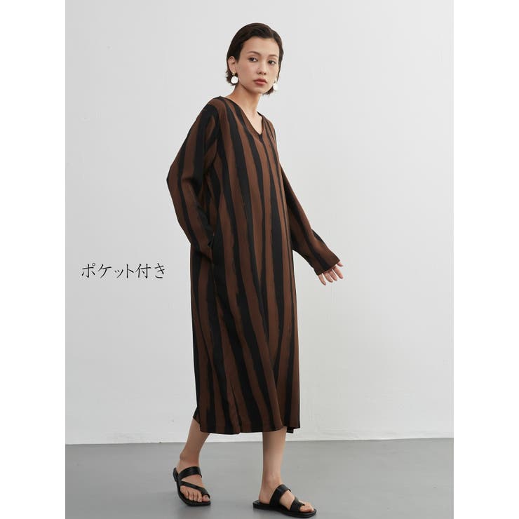 太ストライプバイカラーVネック長袖ワンピースシンプル | On One's Own | 詳細画像3 