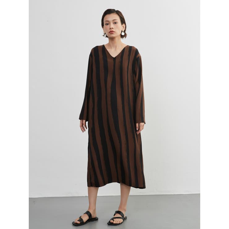 太ストライプバイカラーVネック長袖ワンピースシンプル | On One's Own | 詳細画像6 