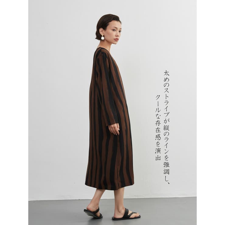 太ストライプバイカラーVネック長袖ワンピースシンプル | On One's Own | 詳細画像7 