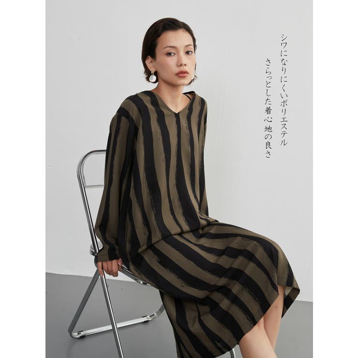太ストライプバイカラーVネック長袖ワンピースシンプル | On One's Own | 詳細画像8 