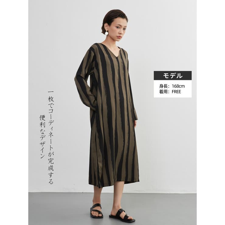 太ストライプバイカラーVネック長袖ワンピースシンプル | On One's Own | 詳細画像2 