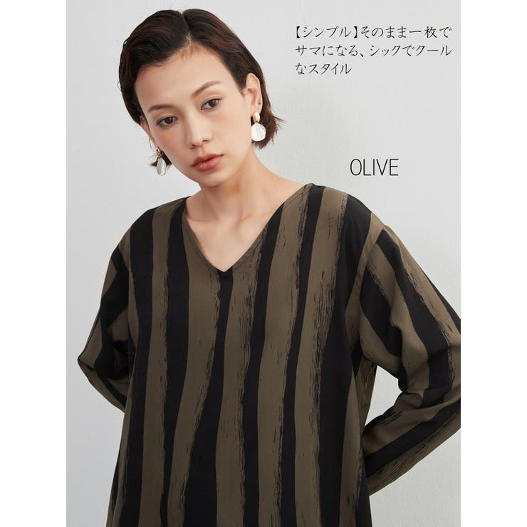 OLIVE | 太ストライプバイカラーVネック長袖ワンピースシンプル | On One's Own