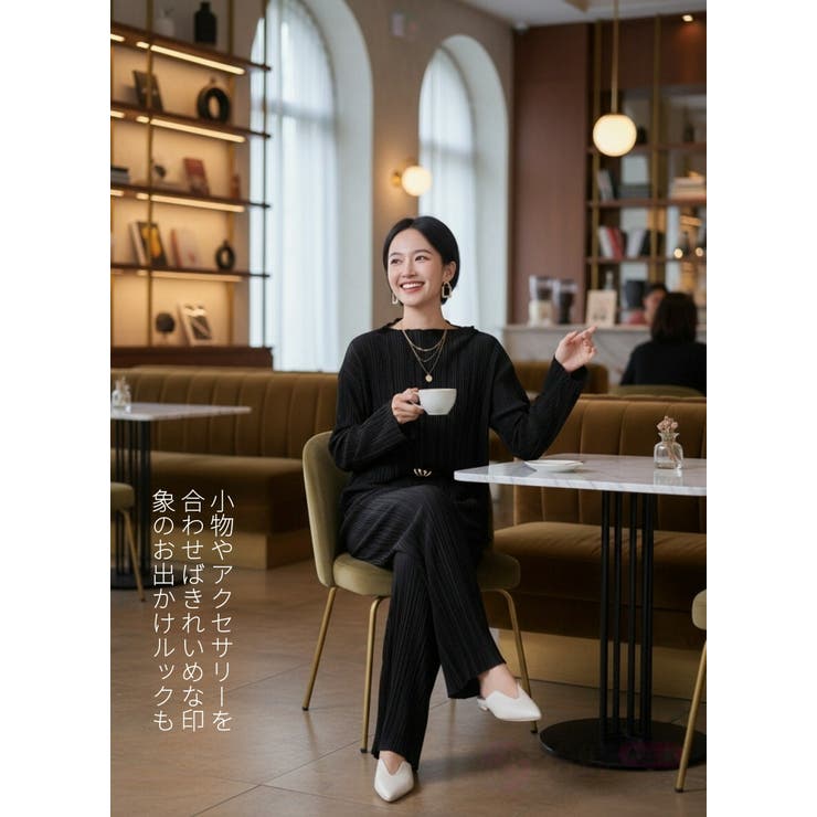 プリーツ加工カットソーワイドパンツウエスト総ゴムセットアップ可能 | On One's Own | 詳細画像12 