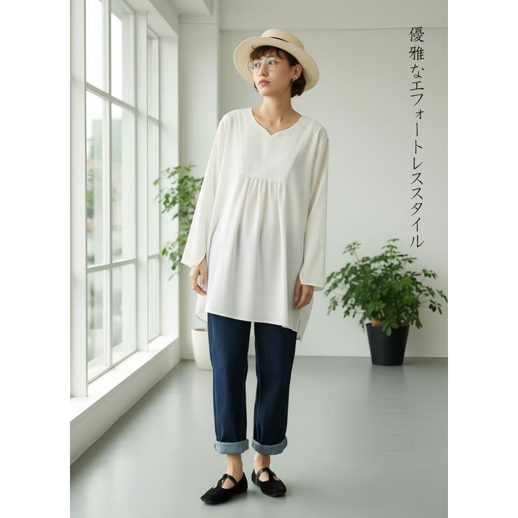 袖口スリット長袖リネン混シャツロングブラウストップス | On One's Own | 詳細画像12 