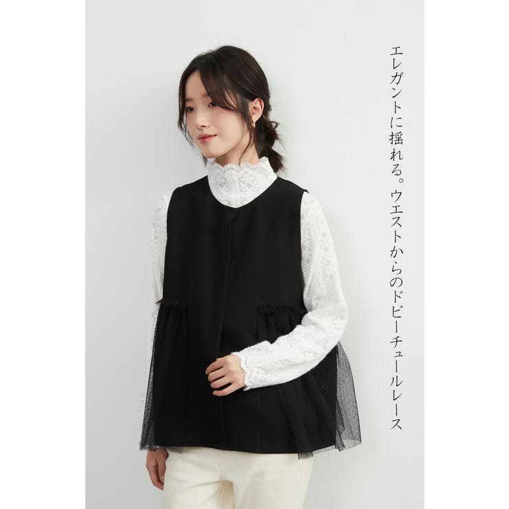 BLACK | ドビーチュールレースレイヤードベストジレラウンドネック | On One's Own